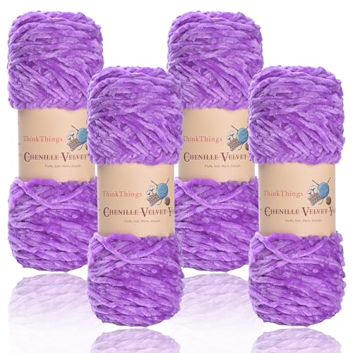 ThinkThings Chenille-Garn zum Häkeln, Babydeckengarne, grobes Stricken, flauschiger Samt, sperrig, 4 Stück, 4 x 100 m, DIY Handwerk Plüsch (lila) von ThinkThings