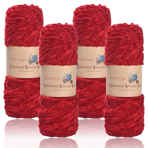 ThinkThings Chenille-Garn zum Häkeln, Babydeckengarne, grobes Stricken, flauschiger Samt, sperrig, 4 Stück, 4 x 100 m, DIY Handwerk Plüsch (rot) von ThinkThings