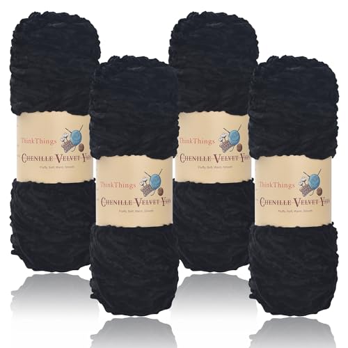 ThinkThings Chenille-Garn zum Häkeln, Babydeckengarne, grobes Stricken, flauschiger Samt, sperrig, 4 Stück, 4 x 100 m, DIY Handwerk Plüsch (schwarz) von ThinkThings