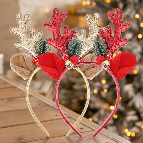 Thinp 2Stk Weihnachts Stirnband Weihnachtsbaum Geweih Haarreif Weihnachts-Haarreif Weihnachtsgeweih-Haarbänder Rentier Haarbänder Kopfbedeckung Geweih-Stirnband mit Glöckchen,für Weihnachten Halloween von Thinp