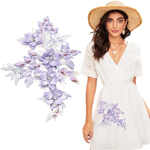 Lila bestickter Blumenstoff mit Perlen und Strasssteinen, Spitzenapplikation, DIY-Flicken, Zubehör für Hochzeitskleider, Halsausschnitt, Miederhosen von Thinslimer