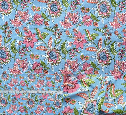 Handblockdruck, 100 % Baumwolle, vorgeschnitten, 91,7 cm breit, zum Schneidern und Basteln, Baumwoll-Steppstoff zum Nähen (Blauäugiger Beutel, rosa Blumendruck, 4,5 m vorgeschnitten) von Third Eye Export