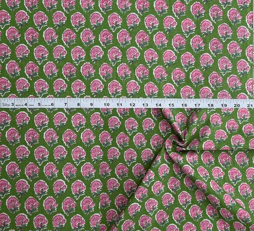 Handblockdruck, 100 % Baumwolle, vorgeschnitten, 91,7 cm breit, zum Schneidern und Basteln, Baumwoll-Steppstoff zum Nähen (Graskrepp-Myrte, Blumendruck, 2,7 m vorgeschnitten) von Third Eye Export