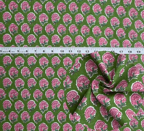 Handblockdruck, 100 % Baumwolle, vorgeschnitten, 91,7 cm breit, zum Schneidern und Basteln, Baumwoll-Steppstoff zum Nähen (Graskrepp-Myrte, Blumendruck, 91 cm vorgeschnitten) von Third Eye Export