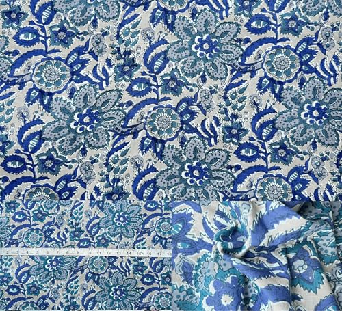 Handblockdruck, 100 % Baumwolle, vorgeschnitten, 91,7 cm breit, zum Schneidern und Basteln, weicher Baumwoll-Steppstoff zum Nähen (Brume Passionate Blue Blumendruck, 2,7 m vorgeschnitten) von Third Eye Export