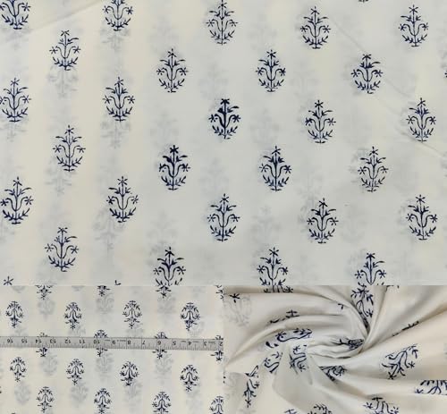 Handblockdruck, 100 % Baumwolle, vorgeschnitten, 91,7 cm breit, zum Schneidern und Basteln, weicher Baumwoll-Steppstoff zum Nähen (blau-anthrazitfarbener Blumendruck, 91 cm vorgeschnitten) von Third Eye Export