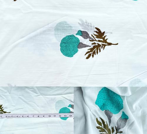 Handblockdruck, 100 % Baumwolle, vorgeschnitten, 91,7 cm breit, zum Schneidern und Basteln, weicher Baumwoll-Steppstoff zum Nähen (weißes, azurblaues Gezeiten-Blumendruck, 4,5 m vorgeschnitten) von Third Eye Export