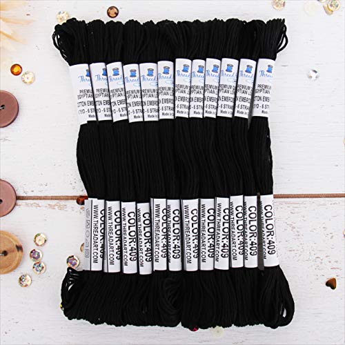 ThreadArt Premium ägyptische lange Faser Baumwolle Sticktwist | schwarz | 6 Stränge teilbarer Faden je 8,75 m für Handstickerei, Freundschaftsarmbänder, Kreuzstich und Handwerk von Threadart
