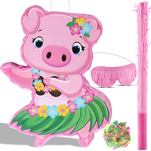 Kleine Schwein Pinata Hawaii Party Dekoration Rosa Schweine Pinata mit Augenbinde Konfetti für Kinder Sommer Hawaii Aloha Tropische Themen Geburtstag Party Zubehör, 16,5 x 12,4 x 3,1 Zoll von Threan