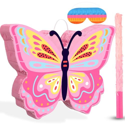 Schmetterling Pinata Paket Schmetterling Thema Pinata Set für Mädchen inklusive Rosa Schmetterling Pinata Schläger und Augenbinde für Schmetterling Geburtstag Party Zubehör Deko (Schmetterling) von Threan