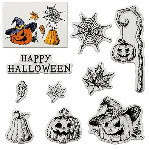 Happy Halloween Clear Stamp, Pumpkin Lantern Spide Web Stamps Silicone Stamp Autumn Fall Leaf Clear Stamp for Holiday Card Making Decoration and DIY Scrapbooking Album DIY Crafts DIY Halloween Decor von Threetols
