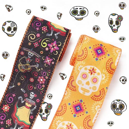 Threetols 2 Rollen 9,1 m Halloween Drahtkante Bänder 6,3 cm schwarz orange Zuckerschädel Blume Juteband, mexikanisches Dia de Los Meurtos Band für Tag der Toten Party DIY Handwerk Kranz Dekor Threetols 2 Rollen 9,1 m Halloween Drahtkante Bänder 6,3 cm schwarz orange Zuckerschädel Blume Juteband, mexikanisches Dia de Los Meurtos Band für Tag der Toten Party DIY Handwerk Kranz Dekor von Threetols