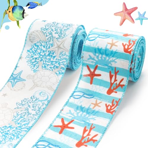 Threetols 2 Rollen 9,1 m Ozeanband mit Drahtrand, 6,3 cm blaue Korallen, Juteband, Seestern-Schildkröten, Geschenkverpackungsband für Bauernhaus-Party, Basteln, Sommerkränze, Schleifen-Dekoration Threetols 2 Rollen 9,1 m Ozeanband mit Drahtrand, 6,3 cm blaue Korallen, Juteband, Seestern-Schildkröten, Geschenkverpackungsband für Bauernhaus-Party, Basteln, Sommerkränze, Schleifen-Dekoration von Threetols