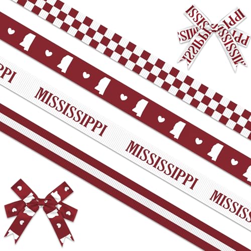 Threetols Mississippi-Bänder, 0,95 cm, rot-weiß gestreift, Ripsband mit Mississippi-Flagge, Staatsumriss und Karomuster zum Verpacken von Bastelarbeiten und Staatsmottoparty-Dekoration, 4 Rollen, 20 von Threetols