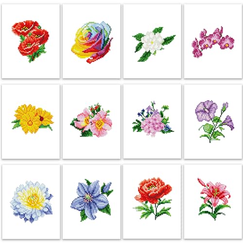 ThxMadam 12 Pcs Flowers Small Diamond Art Set, Mini Diamond Painting Kits for Adults Beginners, Flowers Diamond Painting Pictures, Gem Art for Home Wall Desktop Decor, 15 * 20cm von ThxMadam