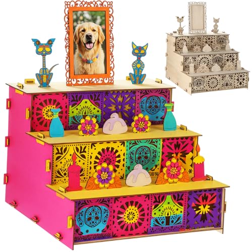 Thyle Dia De Los Muertos Dekoration Mini Altar Ofrenda Box Holz Tag der Toten Schattenbox Mexikanischer Hund Altar Bilderrahmen Gedenkschrein für Tag der Toten Zuhause Küche Zimmer Dekoration von Thyle