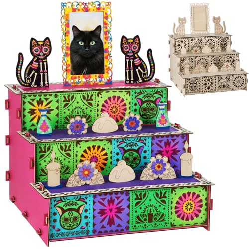 Thyle Katze Dia De Los Muertos Altar Ofrenda, Holz Tag der Toten Dekorationen Dia De Los Muertos Shadow Box Mexikanische Katze Altar Bilderrahmen Gedenkschrein für Haustierbedarf von Thyle