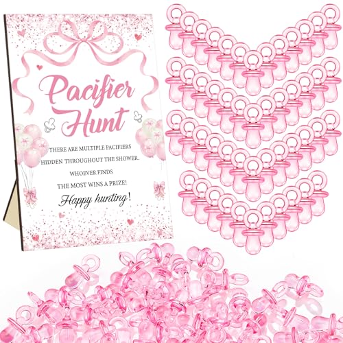 Thyle Schnullerjagd, Babyparty-Spiele, inklusive Jagdschild und 50 Acryl-Schnuller für Babyparty, Spieldekoration, Geschenksets, Geschlechtsoffenbarung, Party-Dekoration (rosa Schleife) von Thyle