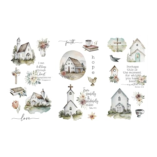 Thymeless Designs (Farmhouse Churches) zum Aufreiben von Transfers für Handwerk und Möbel, 3 Designbögen, 15,2 x 30,5 cm, Heimdekor-Transfers, Möbel- und Bastelaufkleber von Thymeless Designs