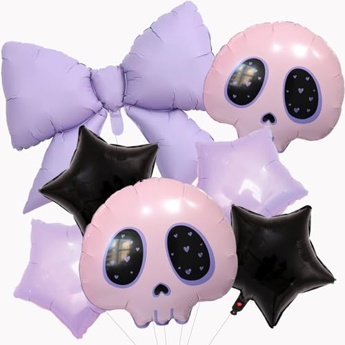 Rosa Totenkopf-Luftballons, violette Schleife, schwarze, violette Sternballons für Mädchen, Geburtstagsparty-Dekorationen, Gothic-Geburtstagszubehör, Halloween-Party-Dekorationen, 7 Stück Rosa Totenkopf-Luftballons, violette Schleife, schwarze, violette Sternballons für Mädchen, Geburtstagsparty-Dekorationen, Gothic-Geburtstagszubehör, Halloween-Party-Dekorationen, 7 Stück von TiAaihion