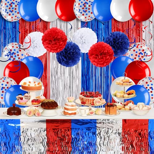 Tiamon Rot-weiße und blaue Party-Dekorationen, patriotische Party-Banner, Papier-Pompons, Tischröcke, Quasten, Luftschlangen, hängende Wirbelballons für Dekorationen, Themen-Geburtstagsgeschenke von Tiamon
