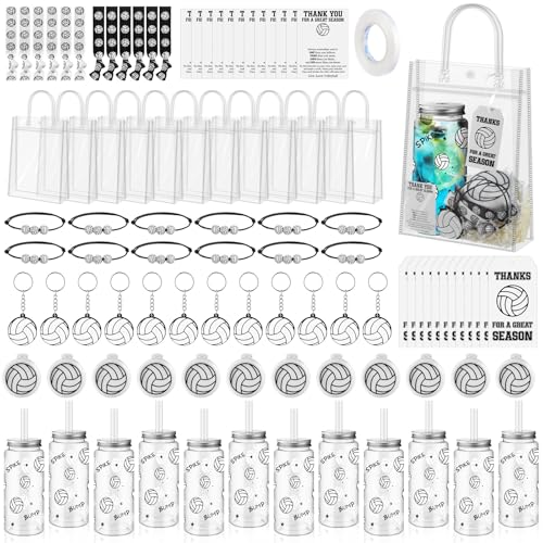 Tiangrid Volleyball-Party-Set, 96-teiliges Set, Kunststoff-Volleyball-Flaschen, Klappspiegel, Haarbürsten, Armbänder, Gummi-Schlüsselanhänger, Haarbänder, Motivationskarten, Geschenktüte von Tiangrid