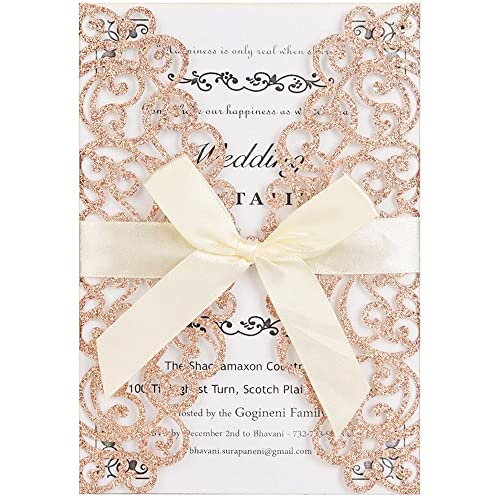 Tiardey 10 Stück 7,09 x 4,92 Zoll Glitter Floral Lasergeschnittene Hochzeitseinladungskarten mit Umschlag,leerem Innenblatt und Band für Hochzeit,Verlobung,Brautdusche,Party,Einladung – Rose Red von Tiardey