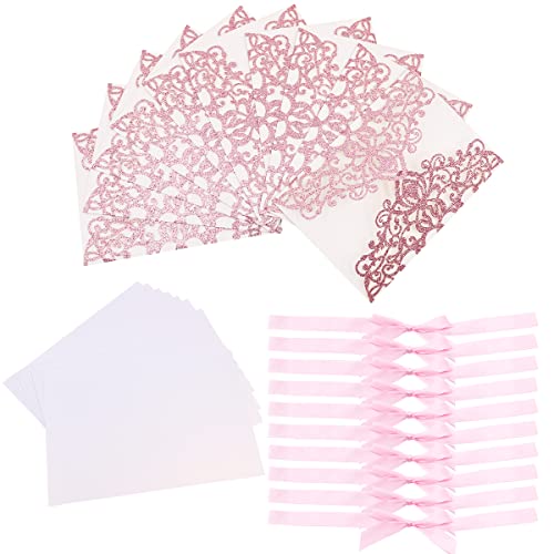 Tiardey 10 Stück 7,09 x 4,92 Zoll Glitter Floral Lasergeschnittene Hochzeitseinladungskarten mit Umschlag,leeres Innenblatt und Band für Hochzeit,Verlobung,Brautparty,Party,Einladung – Pink von Tiardey