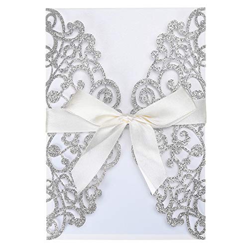 Tiardey 10 Stück 7,09 x 4,92 Zoll Glitter Floral Lasergeschnittene Hochzeitseinladungskarten mit Umschlag,leeres Innenblatt und Band für Hochzeit,Verlobung,Brautparty,Party,Einladung – Silber Tiardey 10 Stück 7,09 x 4,92 Zoll Glitter Floral Lasergeschnittene Hochzeitseinladungskarten mit Umschlag,leeres Innenblatt und Band für Hochzeit,Verlobung,Brautparty,Party,Einladung – Silber von Tiardey