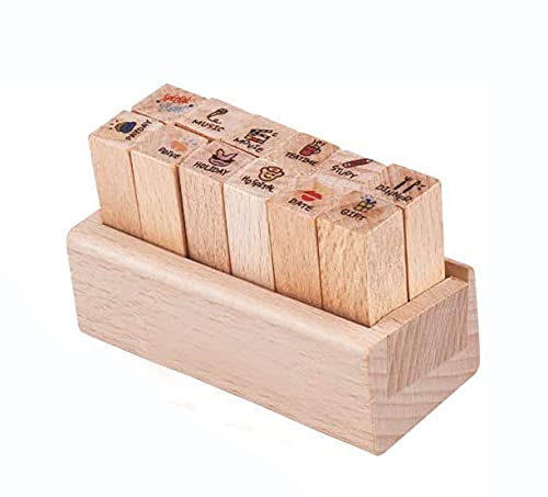 Tiardey 12 Stück Mini Cute Holzstempel DIY Diary Scrapbook Stamps Set mit Holzkiste - Life von Tiardey