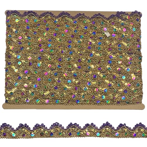 Tibaoffy 35 mm lang, Königsviolett und Gold mit goldenen und bunten Pailletten, Spitzenborte, verziertes Bastelband für Bastelarbeiten, Nähen, Stoff Tibaoffy 35 mm lang, Königsviolett und Gold mit goldenen und bunten Pailletten, Spitzenborte, verziertes Bastelband für Bastelarbeiten, Nähen, Stoff von Tibaoffy