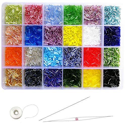 Tibaoffy Crafts Glass Bugle Beads 6mm Tube Spacer Beads Beading Needles with Organizer Box for Jewelry Making (24 sortiertes mehrfarbiges Set, insgesamt ca. 7200 Stück) von Tibaoffy