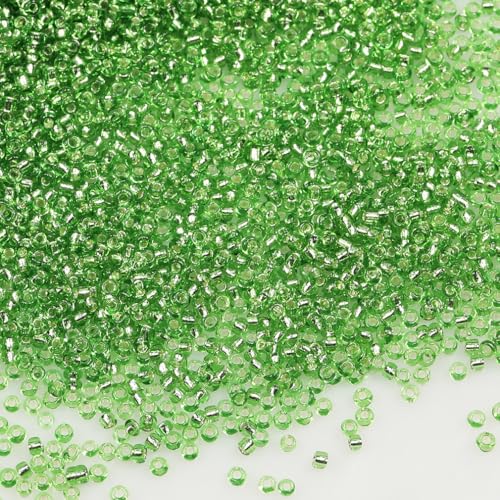 Tibaoffy Glasperlen, transparent, grün mit silberfarbenen Linien, Größe 12/0, 2 mm, zur Schmuckherstellung (insgesamt ca. 100 g, ca. 11000 Stück) von Tibaoffy