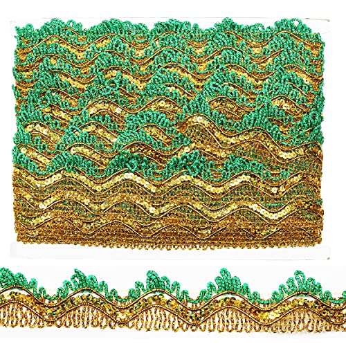 Tibaoffy Langes Spitzenband mit goldfarbenen Pailletten, 35 mm breit, 35 mm, grün-gold mit goldenen Pailletten, Spitzenbesatz, verziertes Gimpen-Band, Bastelband für Bastelarbeiten, Nähen, Stoff, Tibaoffy Langes Spitzenband mit goldfarbenen Pailletten, 35 mm breit, 35 mm, grün-gold mit goldenen Pailletten, Spitzenbesatz, verziertes Gimpen-Band, Bastelband für Bastelarbeiten, Nähen, Stoff, von Tibaoffy