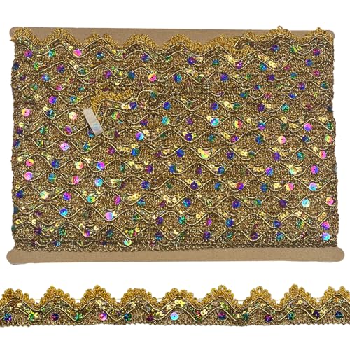 Tibaoffy Langes Spitzenband mit goldfarbenen und bunten Pailletten, 35 mm, Gelb und Gold von Tibaoffy