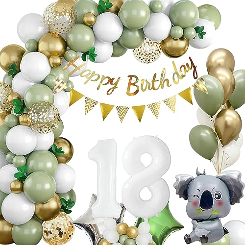 Tibimon Ballon 18. Geburtstag, 18 Jahre Geburtstagsdekoration, 106 Stück Safari Koala grün weiße Luftballons mit Happy Birthday Girlande, Geburtstagsdekoration von Tibimon