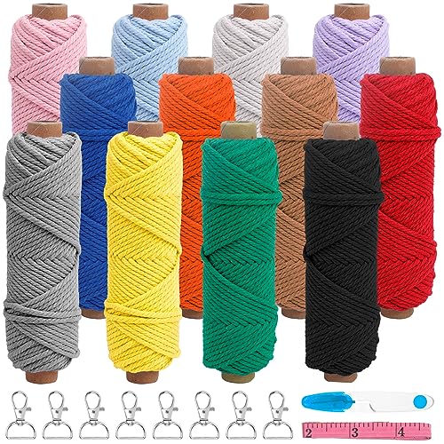 12PCS Makramee Garn 2mmx30m Baumwollschnur Bunt DIY Makramee Kordel Set Baumwollseil Baumwollgarn Baumwollkordel Baumwollschnur für DIY Handwerk Kreativ mit 8 Schlüsselanhänger 1 Schere 1 Lineal von Ticeed