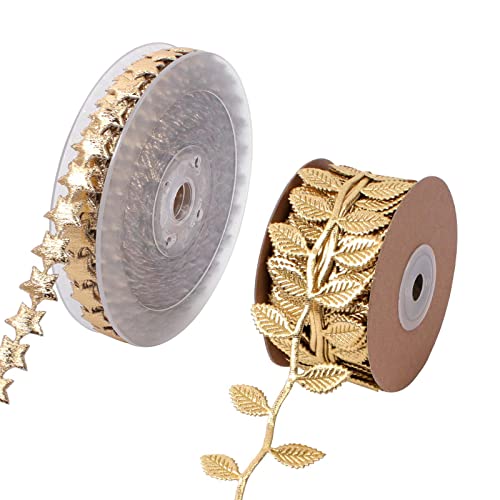 2 Rollen Blatt Band 10M+15M Blätter Streifen Geschenkband Wired Ribbon Handwerk Blatt Girlande Buchsgirlande Künstliche Blätter Reben Blattband für Hausgarten Scrapbooking Hochzeit Party Deko(Gold)25M von Ticeed