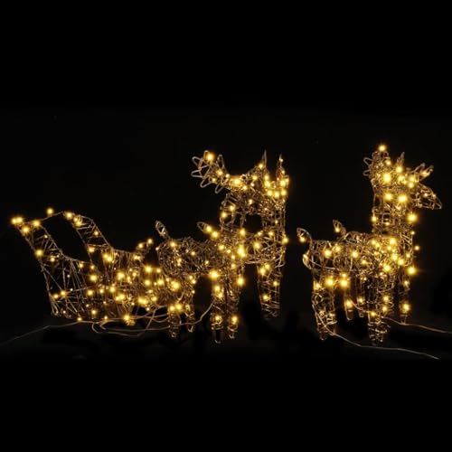 Tidyard LED Rentiere mit Schlitten, Weihnachtsbeleuchtung Rentier, Lichtschlauch Weihnachtsdeko Weihnachten Dekofigur Weihnachtsdekoration 320 LEDs Warmweiß Rattan von Tidyard