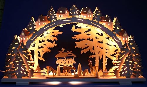 Großer LED 3D Schwibbogen Wildfütterung mit geschnitzten Rehen, 70cm x 40cm - Handarbeit aus dem Erzgebirge - Schwibbogen Weihnachten von Tietze Erzgebirgsdesign