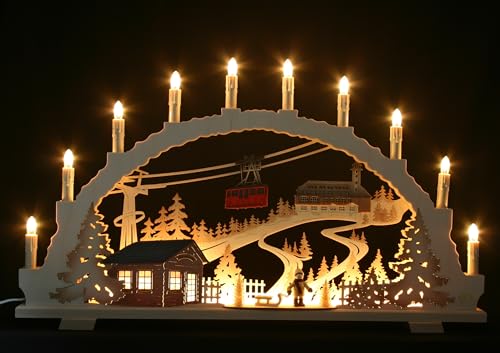 Großer Schwibbogen 70cm, Fichtelberg mit Schwebebahn in Oberwiesenthal inkl. LED- Innenbeleuchtung, 10 Kerzen, Handarbeit aus dem Erzgebirge von Tietze Erzgebirgsdesign