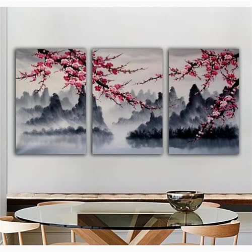 5D Diamond Painting 3 Teilig Groß XXL Sakura Mountain Diamant Painting Bilder Full Drill Eckige Mosaikherstellung Basteln Erwachsene Malen Nach Zahlen für Home Décor Mädchen Geschenke 40x60cm F-9079 von Tifnuer
