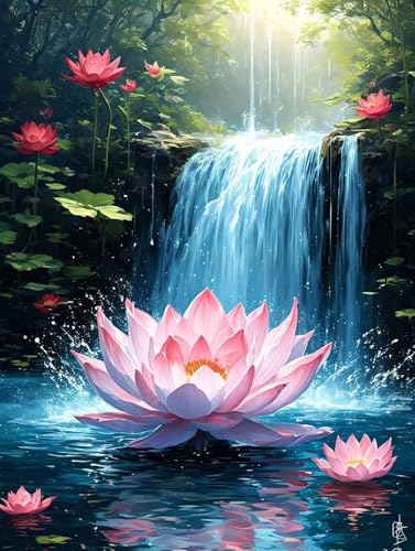 5D Diamond Painting Wasserfall Lotus Diamant Painting Bilder Kinder, Diamond Painting Erwachsene, DIY Diamantmalerei Basteln Bilder Geschenk Mädchen Weihnachten Halloween Home Wand Dekor 10x15cm B3786 von Tifnuer