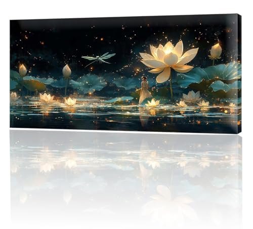 Malen Nach Zahlen Erwachsene, Malen Nach Zahlen Lotus See, XXL DIY Ölgemälde Kit mit 3- Pinseln und Acrylfarben, Erwachsene Kunsthandwerk für Zuhause, Deko Wohnzimmer (Ohne Rahmen) 70x140cm w-282 von Tifnuer