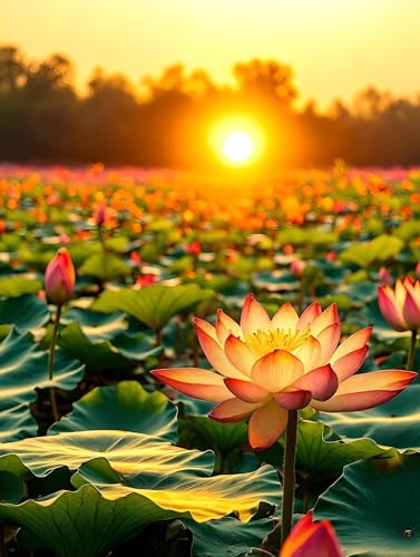 Malen Nach Zahlen Sonnenuntergang Lotus Malen Nach Zahlen Erwachsene, DIY Kinder Öl Leinwand Gemälde Set für Anfänger, Mit Knitterfreie Leinwand, 3-Pinsels und Acrylfarbe 20x30cm (Ohne Rahmen) w-751 von Tifnuer