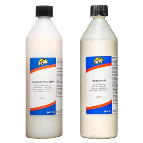 Anlegemilch und Klarlack für Schlagmetall, Blattgold und Blattsilber, je 500 mL von Tifoo
