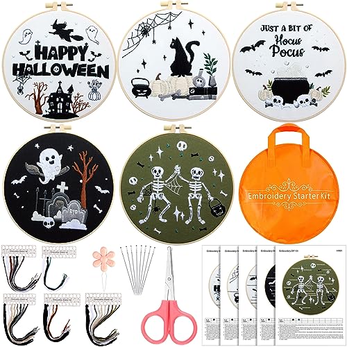 Tigeen 5 Sets Halloween-Szenen-Sticksets für Anfänger, Erwachsene, Halloween-Kreuzstich-Ornament-Set mit Anleitung (evtl. nicht in deutscher Sprache), Stickrahmen, Nadel-Aufbewahrungstasche, farbiger Tigeen 5 Sets Halloween-Szenen-Sticksets für Anfänger, Erwachsene, Halloween-Kreuzstich-Ornament-Set mit Anleitung (evtl. nicht in deutscher Sprache), Stickrahmen, Nadel-Aufbewahrungstasche, farbiger von Tigeen