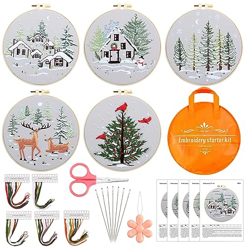 Tigeen 5 Sets Stickset für Erwachsene, Kreuzstich-Stickset für Winter, Schnee, Weihnachtsbaum, mit Anleitung (evtl. nicht in deutscher Sprache), Hoops, Nadeln, farbige Fäden, Nadel von Tigeen