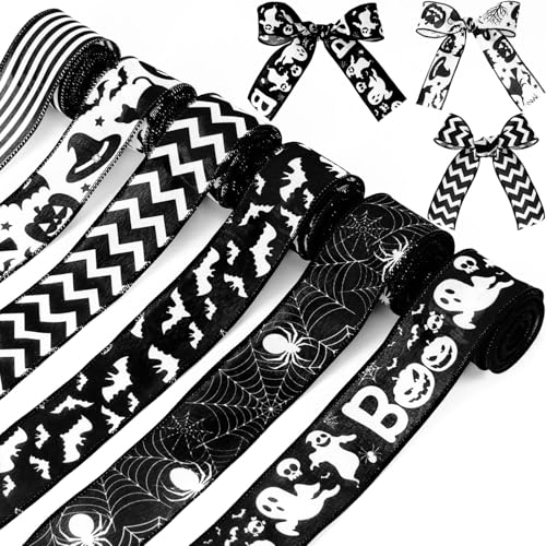 Tigeen 6 Rollen 30 Meter Halloween Drahtkante Bänder Schwarz Geist Fledermaus Spinnennetz Schädel Kürbis Druck Dekorative Jutebänder für Halloween Party Kranz Schleifen Basteln 5,1 cm von Tigeen
