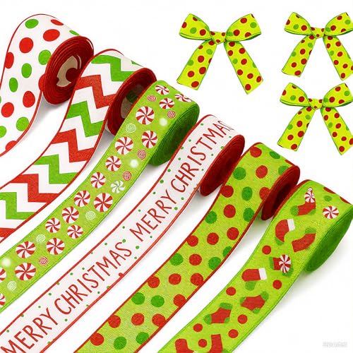 Tigeen 6 Rollen 30 Meter Weihnachtsbänder mit Drahtrand, Rot / Grün, für Weihnachten, Urlaub, Dekorationen, Geschenkverpackungen, Kranz, Schleifen, Basteln, 5,1 cm von Tigeen